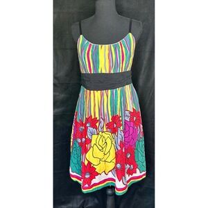 Estam Floral Striped Empire Waist Sun Dress Large Vintage Y2K Smocked Back USA